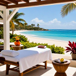 Caribbean Holidays, Saint Martin Spa Breaks, Open-air Caribbean spa terrace overlooking a quiet sandy beach, with treatment beds, tropical plants and ocean views