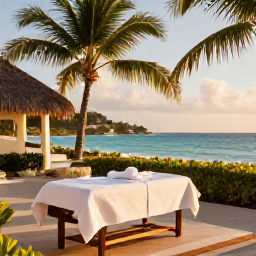Caribbean Holidays, Saint Martin Spa Breaks, Relaxing beachfront spa treatment at a luxury resort on Saint Martin, with palm trees, warm turquoise sea and soft Caribbean sunlight