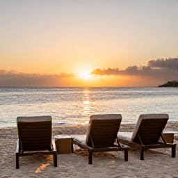 Caribbean Holidays, Saint Martin Spa Breaks, Sunset over a Caribbean beach on Saint Martin with comfortable loungers, calm water and a relaxed holiday atmosphere