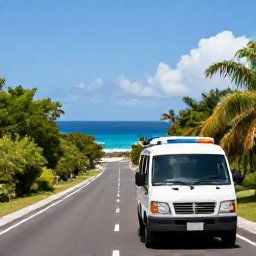 Caribbean Holidays, Saint Martin Tours, A comfortable guided sightseeing vehicle travelling along a scenic Caribbean road with ocean views and tropical vegetation