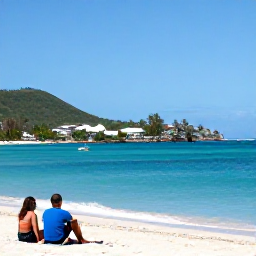 Caribbean Holidays, Saint Martin Tours, A couple exploring a quiet Caribbean beach and viewpoint on Saint Martin, with clear sea, green hills and a relaxed holiday atmosphere