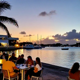 Caribbean Holidays, Saint Martin Tours, A relaxed evening on a Caribbean waterfront in Philipsburg, with boats in the bay, glowing sunset light and diners near the promenade