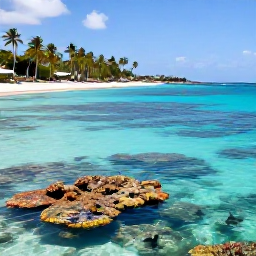 Caribbean Holidays, Saint Martin Tours, Visitors snorkelling in clear shallow Caribbean water beside a colourful reef, with a sandy beach and palm trees in the background