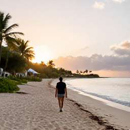Caribbean Holidays, Saint Martin Walking, A peaceful beach walk at sunrise on Orient Bay, Saint Martin, with soft sand, calm water and palm trees