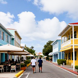 Caribbean Holidays, Saint Martin Walking, A relaxed street in Marigot with colourful buildings, outdoor caf&eacute;s and walkers exploring the French side of Saint Martin