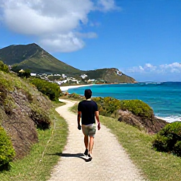 Caribbean Holidays, Saint Martin Walking, A scenic coastal walking trail on Saint Martin with turquoise sea, green hills and a relaxed Caribbean atmosphere