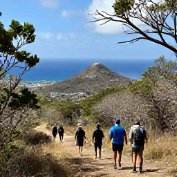 Caribbean Holidays, Saint Martin Walking, Hikers walking through dry tropical woodland towards a hilltop viewpoint overlooking Saint Martin and the Caribbean Sea