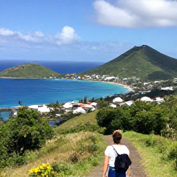 Caribbean Holidays, Saint Martin Walking, Panoramic view from Pic Paradis across Saint Martin, with green hills, blue bays and neighbouring islands in the distance