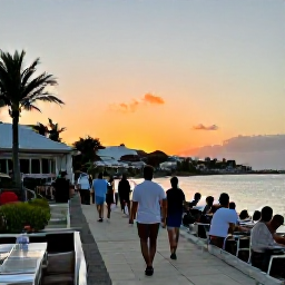 Caribbean Holidays, Saint Martin Walking, Travellers relaxing at a waterfront restaurant after a day of walking in Saint Martin, with Caribbean sunset light