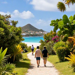 Caribbean Holidays, Saint Martin Walking, Walkers following a peaceful trail through tropical vegetation towards a hidden Caribbean beach on Saint Martin
