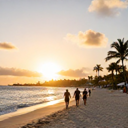 Caribbean Holidays, Saint Martin Walking, Walkers relaxing on a quiet Caribbean beach at sunset on Saint Martin after a day of exploring the island
