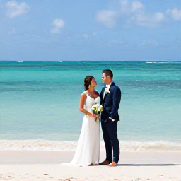 Caribbean Holidays, Saint Martin Weddings, Bride and groom standing barefoot beside a calm turquoise Caribbean sea on a Saint Martin beach, simple tropical wedding setting