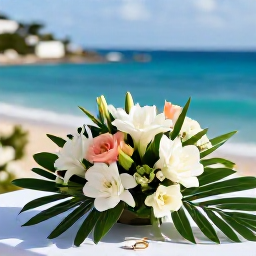 Caribbean Holidays, Saint Martin Weddings, Close-up of tropical wedding flowers, wedding rings and a simple Caribbean reception table overlooking the sea in Saint Martin