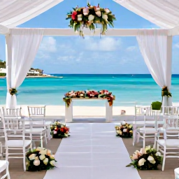 Caribbean Holidays, Saint Martin Weddings, Elegant seaside wedding venue in Sint Maarten with white chairs, tropical flowers and views across a bright blue bay