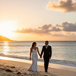 Caribbean Holidays, Saint Martin Weddings, Newly married couple walking along a peaceful Saint Martin beach at sunset, holding hands with the Caribbean sea behind them