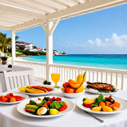 Caribbean Holidays, Saint Martin Wellness, Healthy Caribbean lunch on a shaded terrace in Saint Martin with fresh tropical fruit, colourful vegetables, grilled fish and sea views