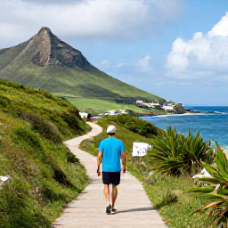 Caribbean Holidays, Saint Martin Wellness, Outdoor wellness scene on Saint Martin with a traveller walking along a coastal path through green hills overlooking the Caribbean Sea