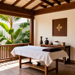 Caribbean Holidays, Saint Martin Wellness, Peaceful Caribbean spa setting in Saint Martin with a massage treatment area, natural wood, tropical plants and soft sunlight