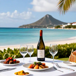Caribbean Holidays, Saint Martin Wine, Elegant wine tasting table overlooking a bright Caribbean bay on Saint Martin, with glasses, local dishes and tropical light