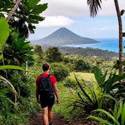 Caribbean Holidays, Saint Vincent Adventure, A hiker walking through lush tropical forest on Saint Vincent, with La Soufri&egrave;re volcano and the Caribbean Sea in the distance