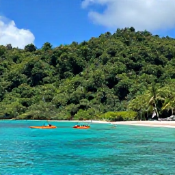 Caribbean Holidays, Saint Vincent Adventure, Kayakers paddling along a quiet tropical coastline on Saint Vincent, with rainforest-covered hills and a secluded beach nearby