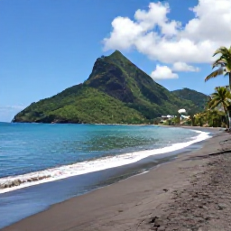 Caribbean Holidays, Saint Vincent All Inclusive, A black sand beach on Saint Vincent with clear Caribbean water, green hills and a few palm trees under a sunny sky