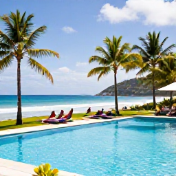 Caribbean Holidays, Saint Vincent All Inclusive, A comfortable Caribbean resort pool beside a palm-fringed beach on Saint Vincent, with guests relaxing in the afternoon sunshine