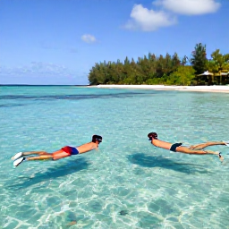 Caribbean Holidays, Saint Vincent All Inclusive, A couple snorkelling in clear Caribbean water near a small Grenadine island, with colourful fish and a white sandy beach in the background