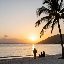 Caribbean Holidays, Saint Vincent All Inclusive, A couple watching the sunset from a quiet Saint Vincent beach, with calm sea, palm silhouettes and warm evening light