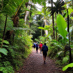 Caribbean Holidays, Saint Vincent All Inclusive, A guided rainforest walk near a waterfall on Saint Vincent, with visitors on a green trail surrounded by tropical foliage