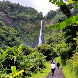 Caribbean Holidays, Saint Vincent All Inclusive, A lush Saint Vincent hillside with a waterfall, tropical forest and a small group of visitors walking along a scenic trail