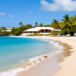 Caribbean Holidays, Saint Vincent All Inclusive, A relaxed tropical beach on Saint Vincent with clear turquoise water, palm trees and a comfortable beachfront resort