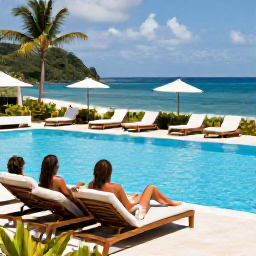 Caribbean Holidays, Saint Vincent All Inclusive, Guests relaxing beside a Caribbean resort pool on Saint Vincent, with sun loungers, tropical plants and the sea in the background