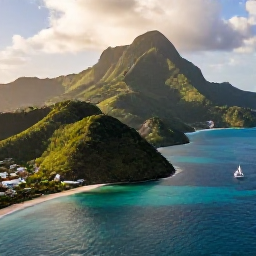 Caribbean Holidays, Saint Vincent April, Aerial view of Saint Vincent and the Grenadines with lush green mountains, turquoise sea and sailing boats under warm April sunshine