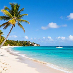 Caribbean Holidays, Saint Vincent April, Bright tropical beach on Saint Vincent with clear water, palm trees and a small sailing boat