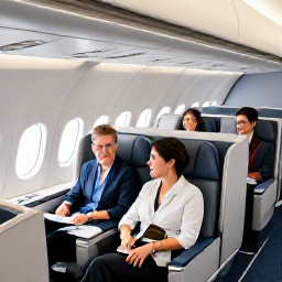 Caribbean Holidays, Saint Vincent April, Business class travellers relaxing in a comfortable aircraft cabin before a Caribbean holiday