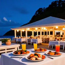 Caribbean Holidays, Saint Vincent April, Friendly Caribbean restaurant terrace in the evening with fresh seafood, tropical drinks and warm ambient lighting