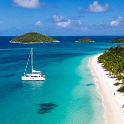 Caribbean Holidays, Saint Vincent April, Luxury catamaran sailing between the Grenadine islands past white beaches, clear turquoise water and small green islands