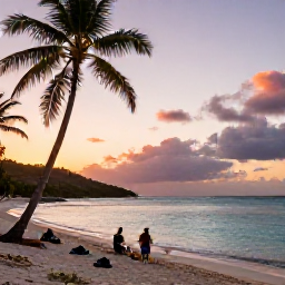 Caribbean Holidays, Saint Vincent April, Travellers relaxing on a quiet Caribbean beach in the Grenadines with palm trees, calm turquoise water and a colourful sunset