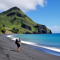 Caribbean Holidays, Saint Vincent Backpacking, A backpacker walking along a quiet black-sand beach on Saint Vincent, with green volcanic hills and turquoise Caribbean water