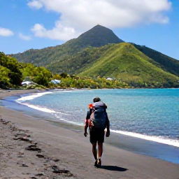 Caribbean Holidays, Saint Vincent Backpacking, A backpacker walking along a quiet black-sand beach on Saint Vincent, with lush green hills and turquoise Caribbean water