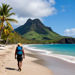 Caribbean Holidays, Saint Vincent Backpacking, A backpacker walking along a quiet tropical beach on Saint Vincent, with turquoise water, palm trees and green volcanic hills