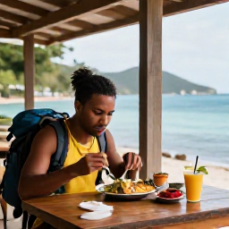 Caribbean Holidays, Saint Vincent Backpacking, A friendly backpacker eating local Caribbean food at a small waterfront caf&eacute; in Saint Vincent and the Grenadines