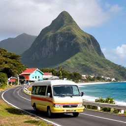 Caribbean Holidays, Saint Vincent Backpacking, A local minibus travelling along a scenic coastal road on Saint Vincent, with lush mountains, colourful houses and the Caribbean Sea