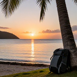 Caribbean Holidays, Saint Vincent Backpacking, A peaceful sunset over a Caribbean bay in Saint Vincent and the Grenadines, with a backpack resting beside a palm tree