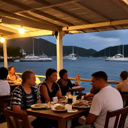 Caribbean Holidays, Saint Vincent Backpacking, A relaxed evening at a small waterfront caf&eacute; in Kingstown, Saint Vincent, with local food, warm lights and boats in the harbour