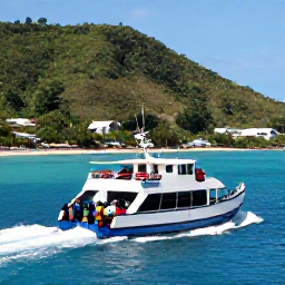 Caribbean Holidays, Saint Vincent Backpacking, A small inter-island ferry sailing between green Caribbean islands, with backpackers on deck and clear blue water