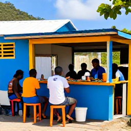 Caribbean Holidays, Saint Vincent Backpacking, Backpackers eating fresh local food at a colourful roadside stall in Kingstown, Saint Vincent