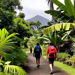 Caribbean Holidays, Saint Vincent Backpacking, Hikers following a tropical rainforest trail towards La Soufri&egrave;re volcano on Saint Vincent