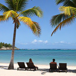 Caribbean Holidays, Saint Vincent Beaches, A couple relaxing on a quiet Saint Vincent beach in November, with sun loungers, palm trees and calm Caribbean water